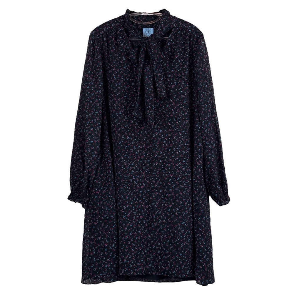 CeCe Cynthia Steffe Floral Ditsy Tie Neck Sheer Dot Dress Black Blue Size 10